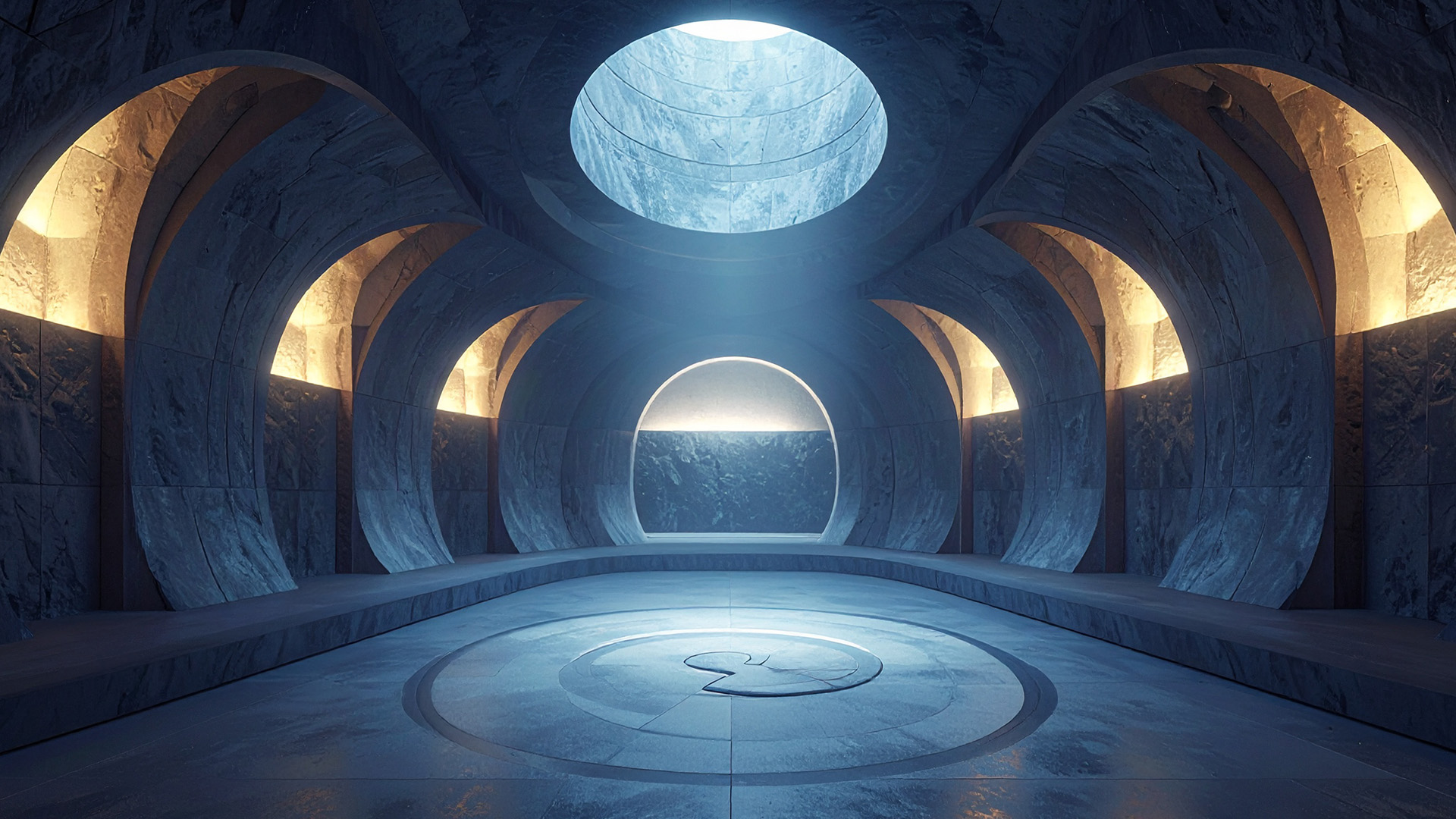 A calm, stone chamber with curved arches, soft inset lighting, and a circular opening in the ceiling, designed with clean, symmetrical geometry.
