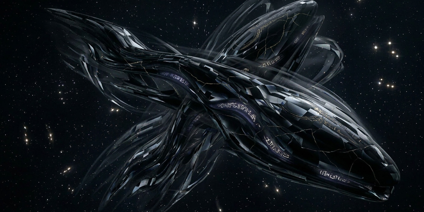 An immense, obsidian‑black interstellar warship with serpentine, overlapping forms, partially phase‑shifted in space. Sections of the hull appear semi‑transparent and misaligned, with faint glowing glyphs, while nearby starlight subtly distorts around the vessel.