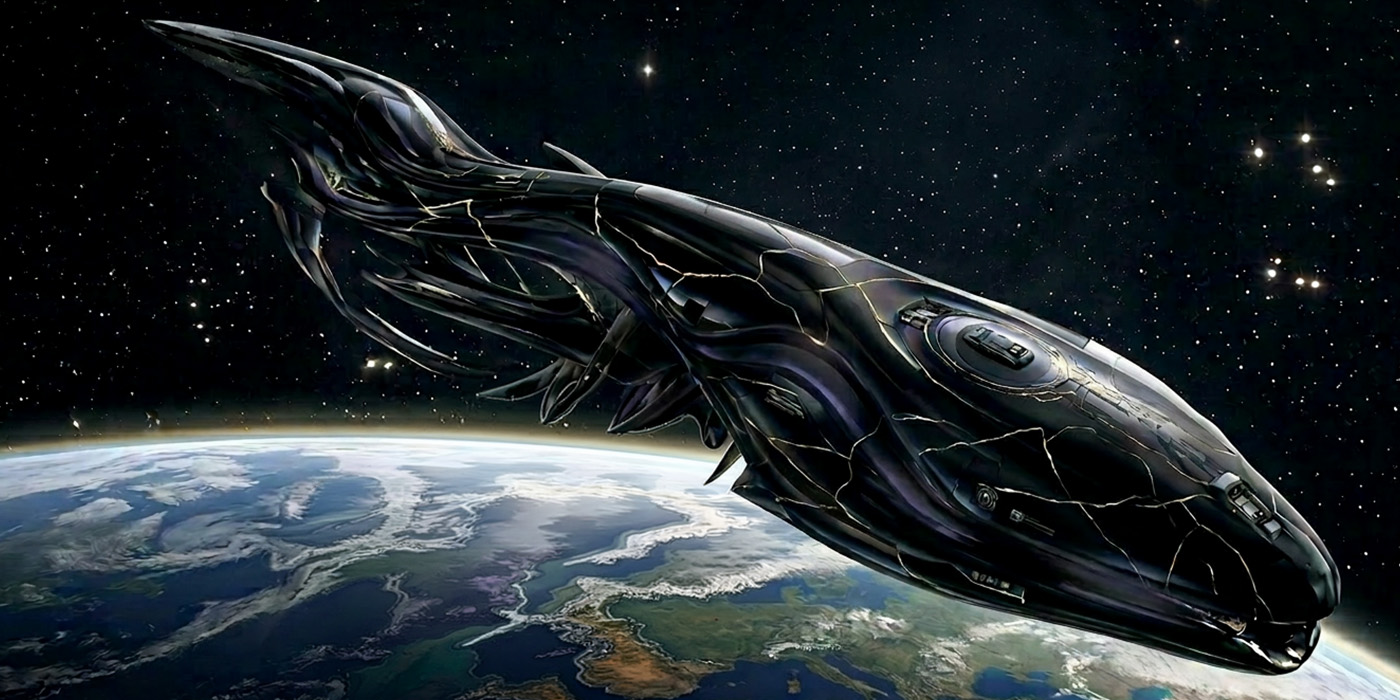An immense, obsidian‑black alien vessel fully materialised in Earth orbit, its layered, serpentine hull anchored in normal space as the blue curve of Earth turns beneath it.