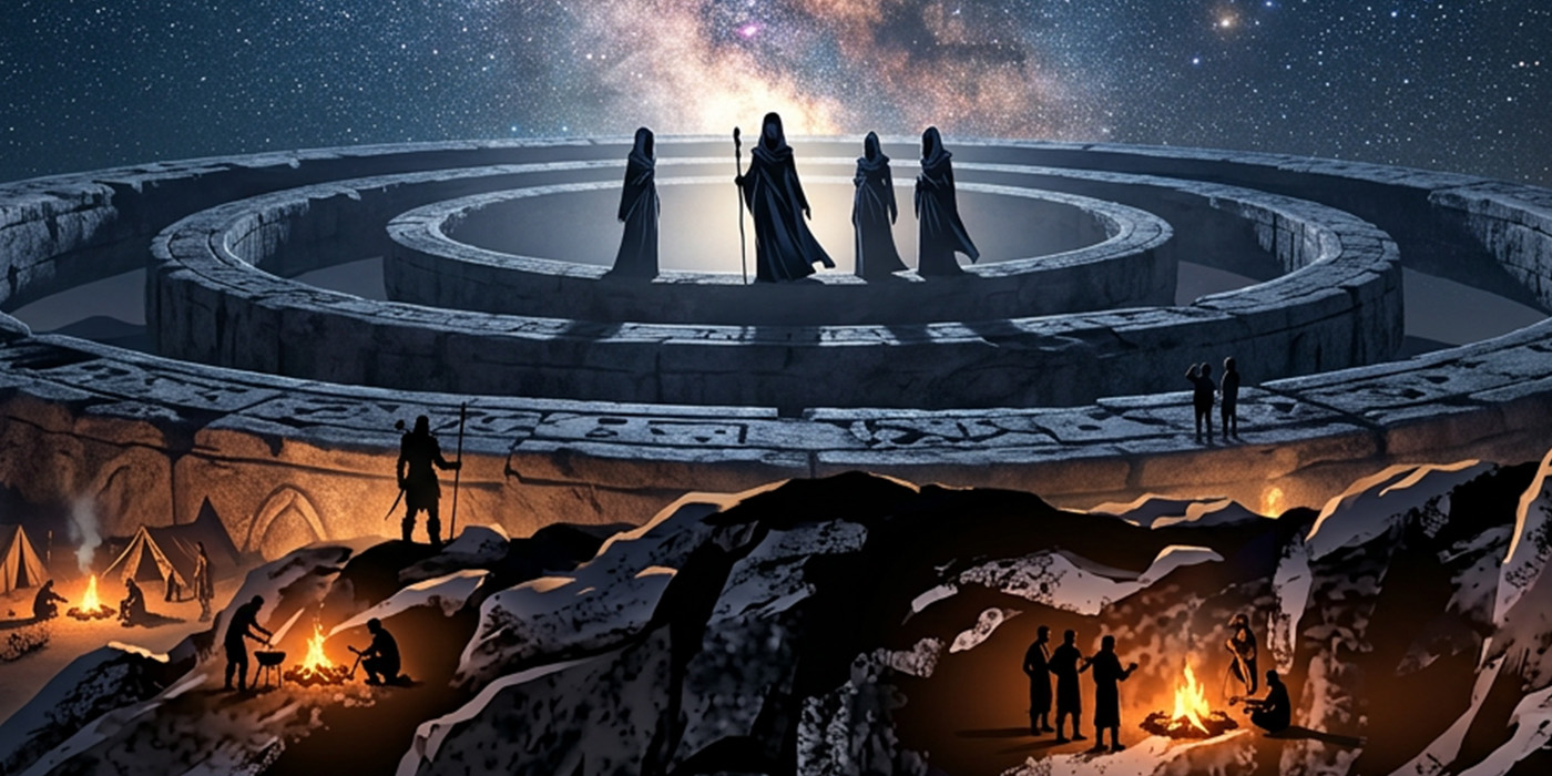 A group of newly uplifted humans standing together on a circular stone structure beneath a star‑filled night sky, with camps below and a crescent moon overhead, suggesting the quiet emergence of a new people.