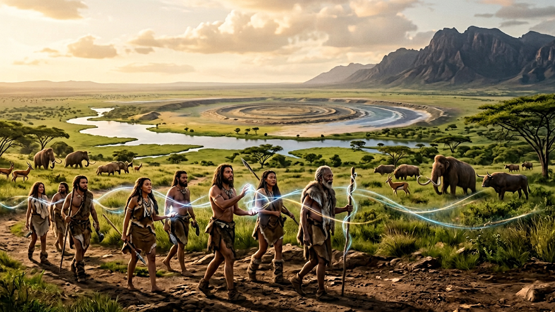 A group of early Veyl’thari travelling across a fertile landscape toward a vast circular landform, with wildlife moving nearby and faint luminous patterns suggesting shared awareness and guidance.