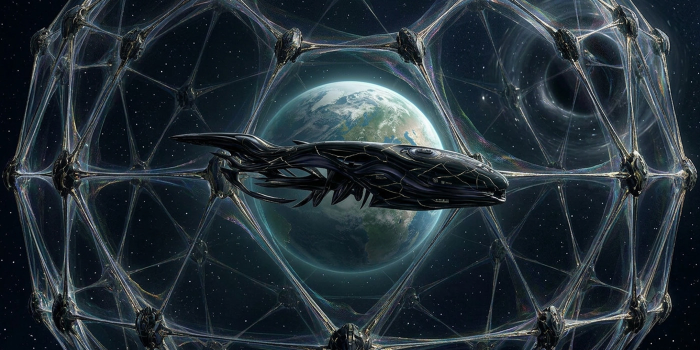 A vast obsidian alien flagship suspended at the centre of a geometric energy lattice surrounding Earth, with the planet glowing faintly inside the structure against a star‑filled void.