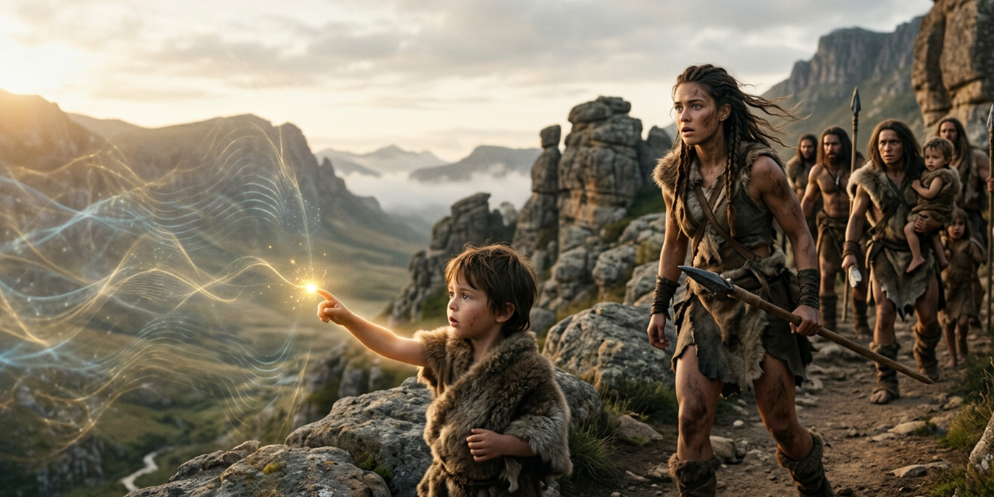 A group of early humans travelling through a rocky landscape at dawn, with a child reaching toward a faintly glowing pattern in the air as others follow along a mountain path.