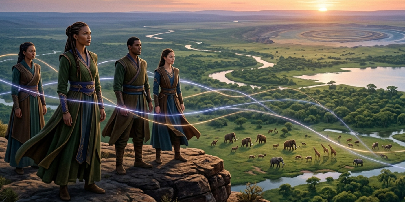 A small group of Veyl’thari standing on a rocky overlook at sunrise, gazing across a wide green landscape marked by winding rivers, wildlife, and a vast circular landform, with faint luminous lines suggesting a protective watch over the world below.