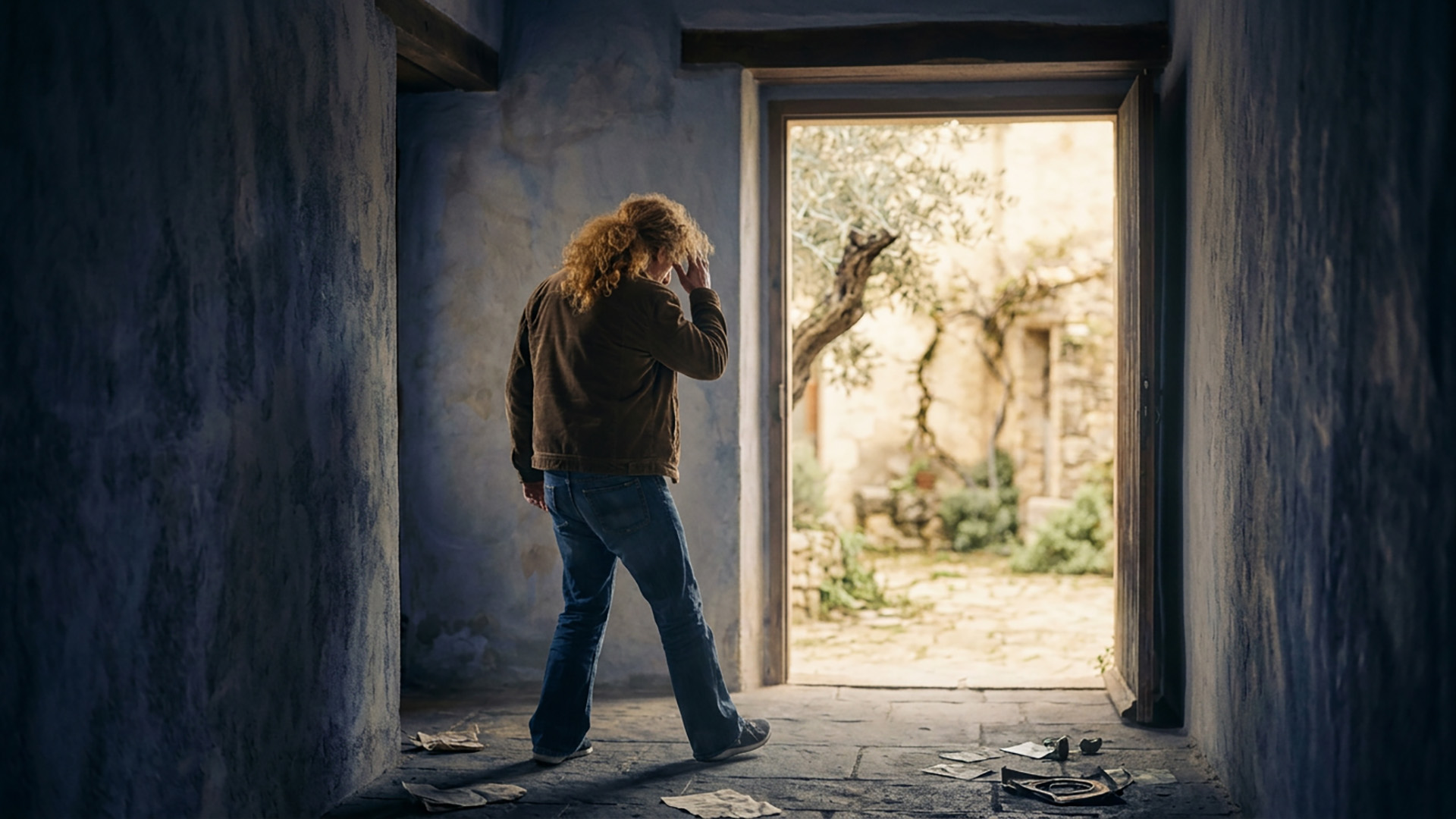 A lone figure seen from behind inside a dim stone room, stepping toward an open doorway filled with natural light and greenery beyond.