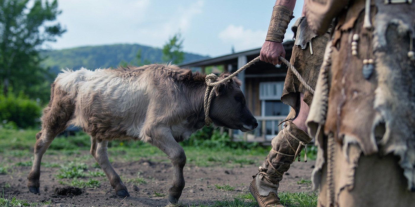 A young calf being led by two settlers in pre-historic clothing.